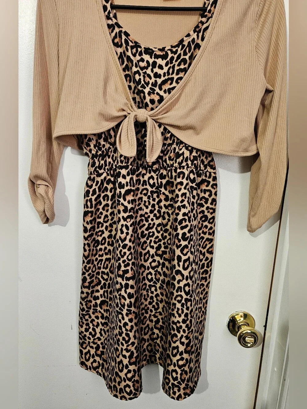 Lily Bleu Leopard Print Dress with Tan Cropped Tie-Front Cardigan 14